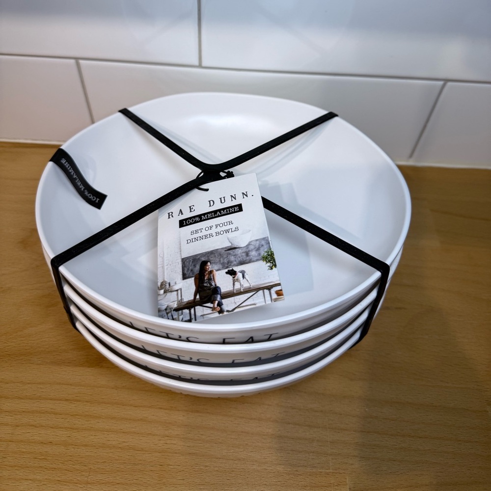 Rae Dunn 'Let's Eat'‎ 100% Melamine Dinner Bowls | Set of 4 | NWT - Picture 2 of 3